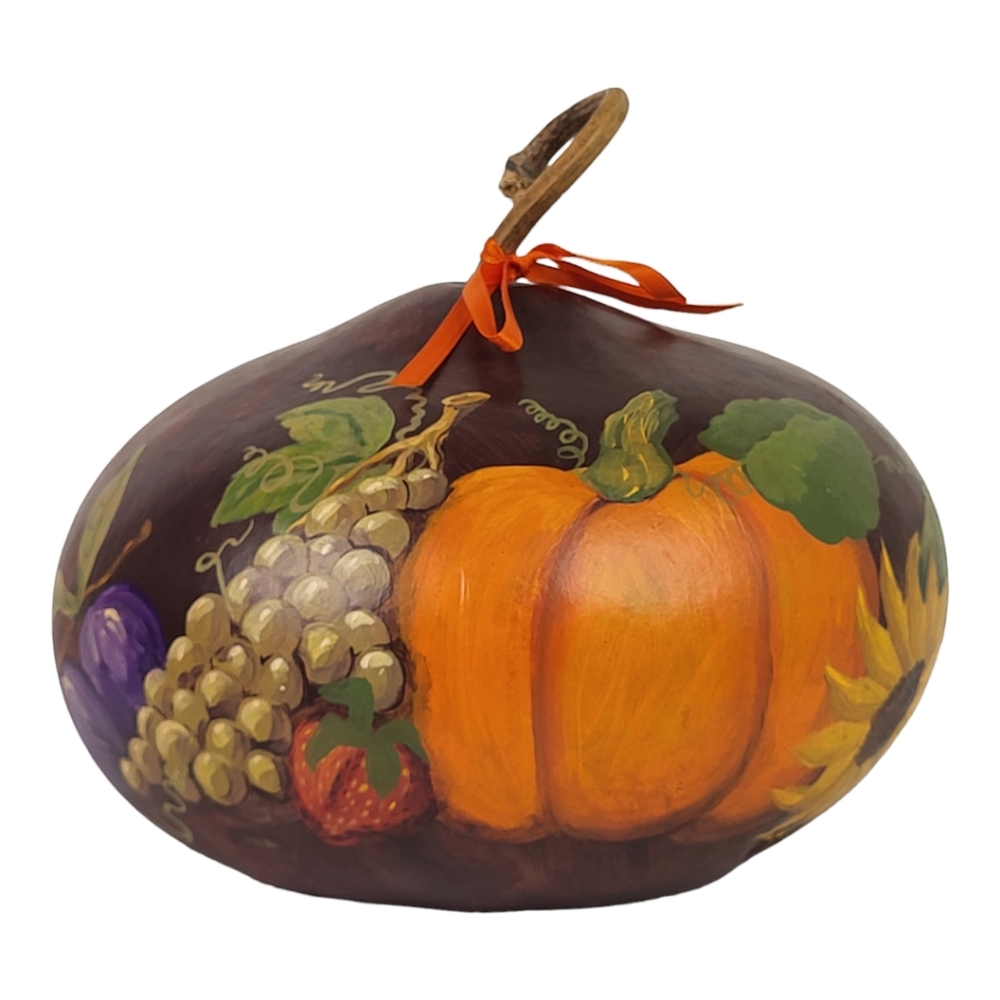 Vintage Gourd Hand Painted Fruit and Flowers Grapes Sunflower Decor Cottagecore